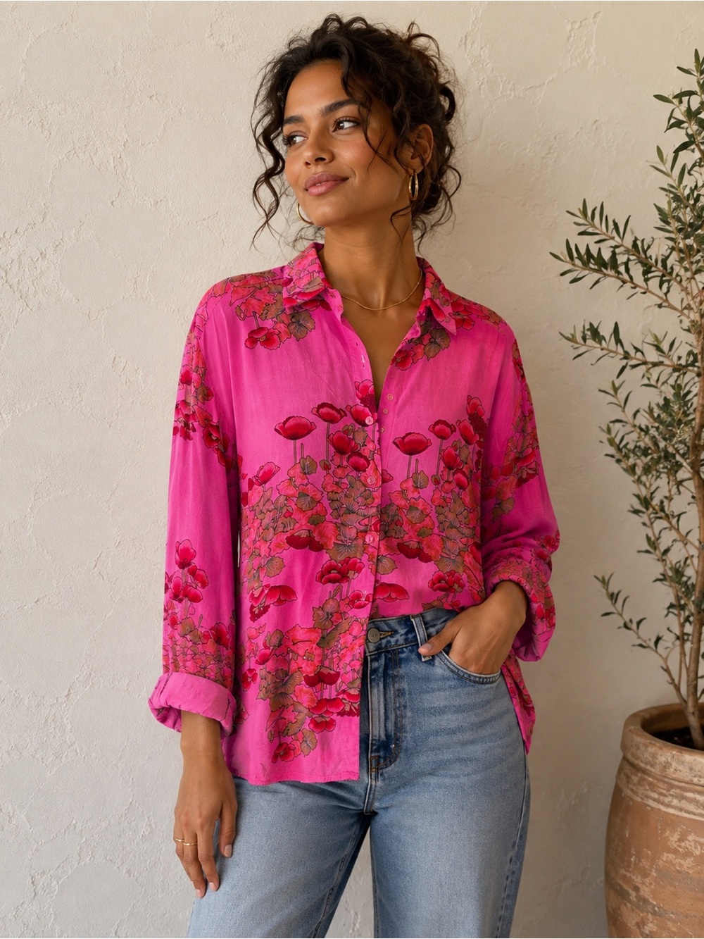 Tianello Pink Floral Button-Up Blouse Boho Y2K Top